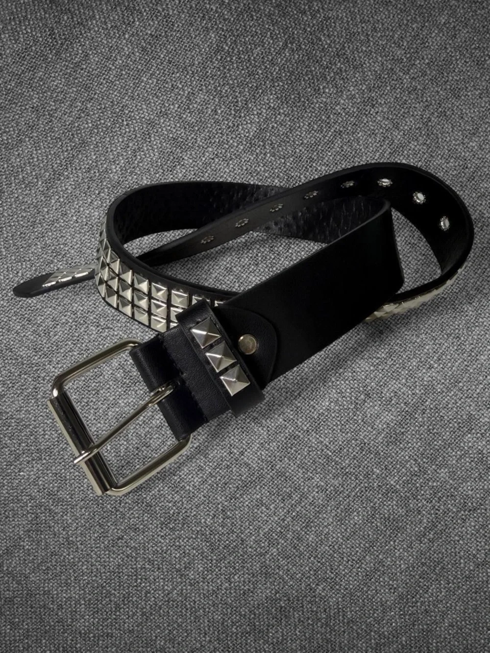 Black Leather-Look Wide Pyramid Stud Belt Silver Buckle Punk Y2K 44 Inch